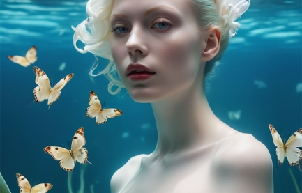 opalescent-ghost-woman-with-pale,-skin,-heart-butterflies-embracing-water,-reflections,-Dokukawaii-heather-watts,-james-jean-oil,-human-heart-standing,-tulips